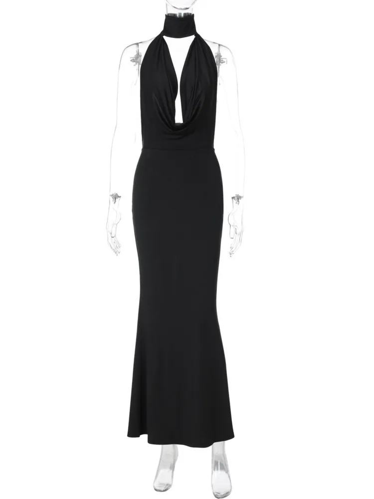 XIAOTANG Sukienka Maxi z Dekoltem typu Halter, Wycięciami na Plecach, Seksowna, Damska, Modna, Bez Rękawów, Obcisła, z Rozcięciem, na Imprezę Klubową, Długa