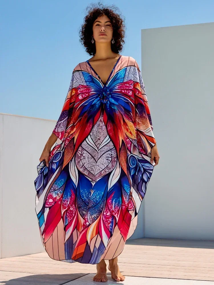 EDOLYNSA Bohemian Printed Women Kaftan Robe Butterfly Chic Vacation scollo a v House costume da bagno Cover Up Moo Moo Dresses Q1670