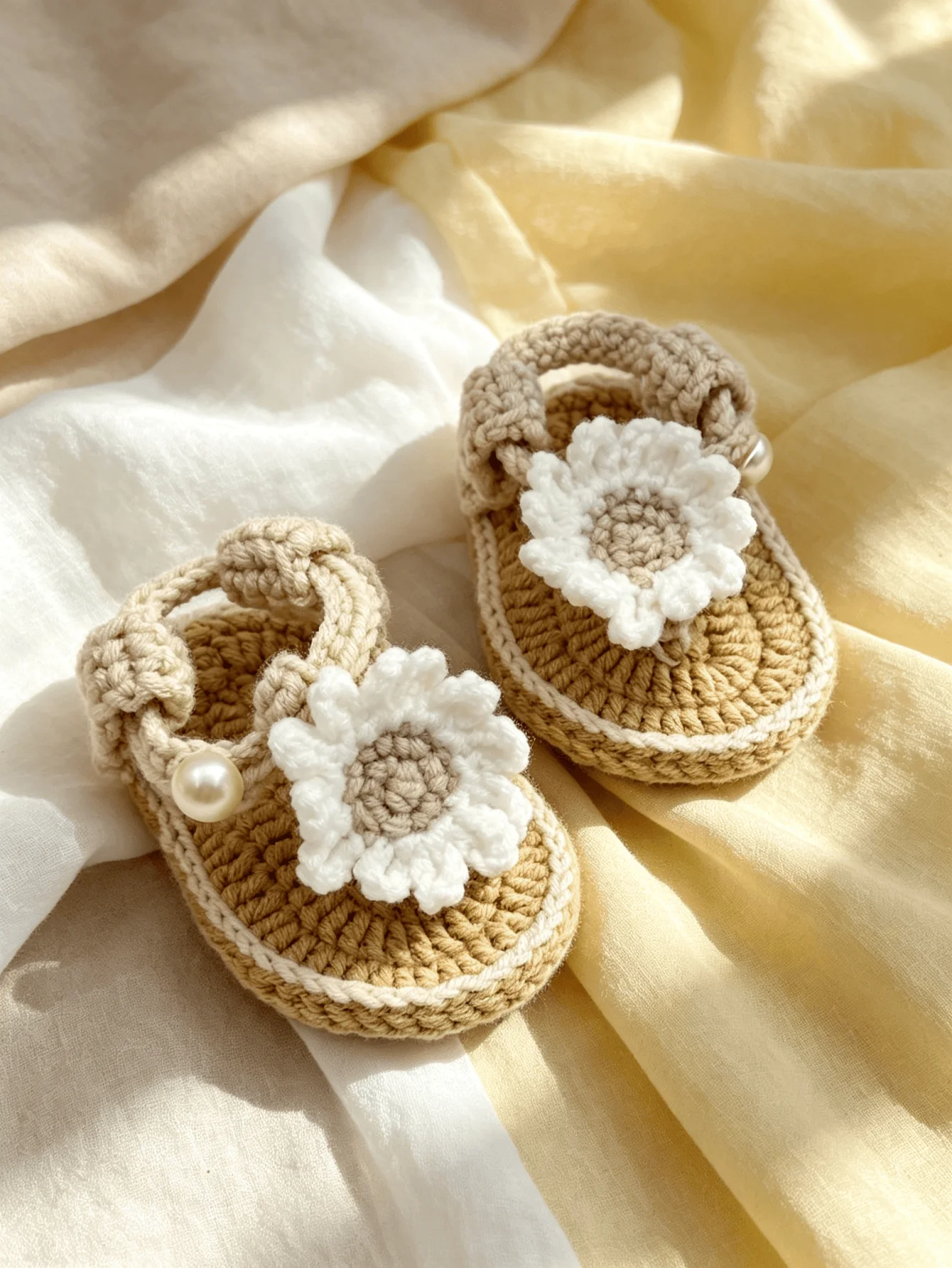 1 Paar handgefertigte gehäkelte Babysandalen für Mädchen, rosa und beige, Blumenakzent mit Perle, Neugeborenen-Schuhe – Detail 4