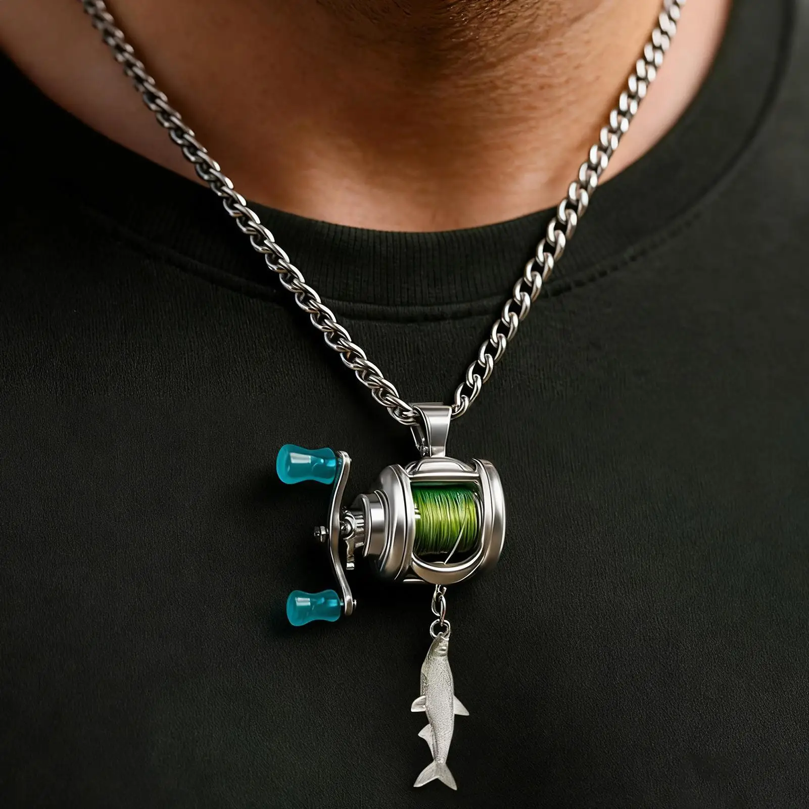 

Luxury Fishing Reel Necklace Rotatable Detachable Fishing Reel Ring Exquisite Silver Men Neck Pendant Versatile Jewelry
