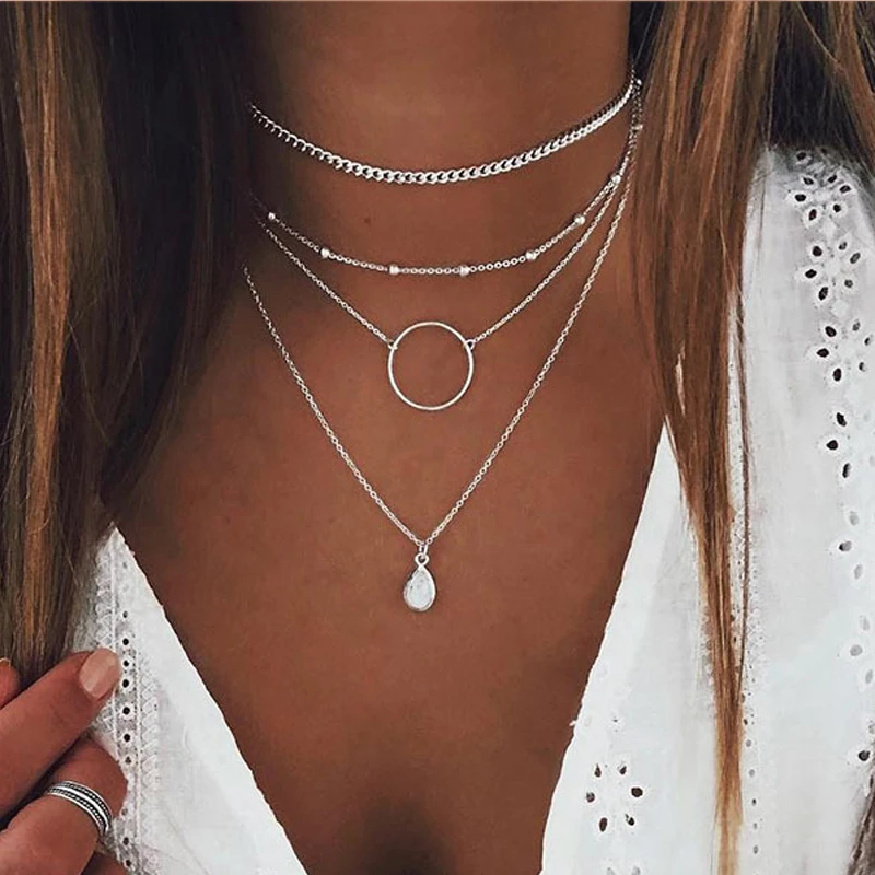 Colliers Aihua vintage multicouches en cristal, goutte d'eau, lune et étoile pour femmes, bijoux couleur argent, chaînes simples, pendentifs