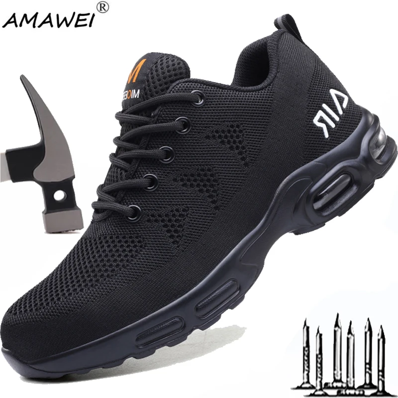 AMAWEI Safety Shoes Men Steel Toe Work Breathable comfort Sneakers Anti-smashing Anti-puncture Indestructible Protective Boots