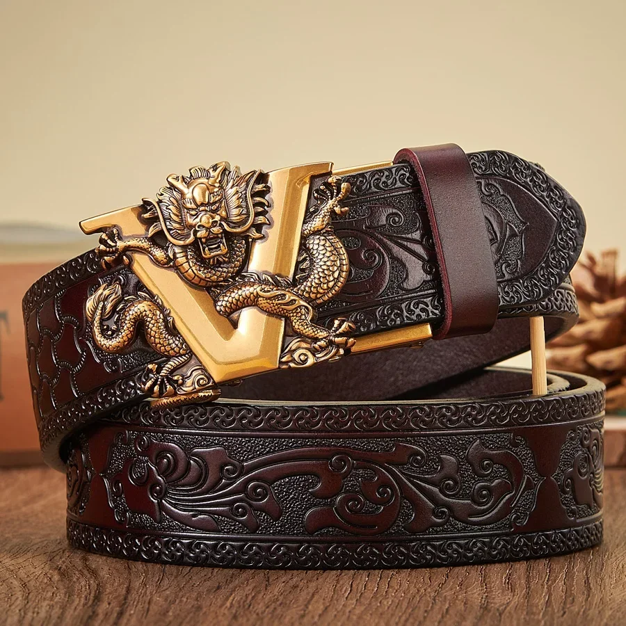 

3.5CM V Buckle Cowskin Genuine Leather Belt Quality Alloy Automatic Buckle Print Wasitbad Strap Gift Bussiness Male Belt Men