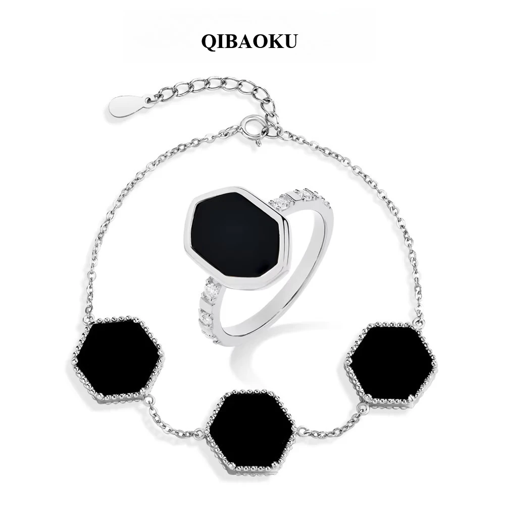 QIBAOKU Black Agat Jewelry Set for Women Men Lab Gemstone Bracelet Moissanite Rings S925 Sterling Silver Wedding Party Gift 2026