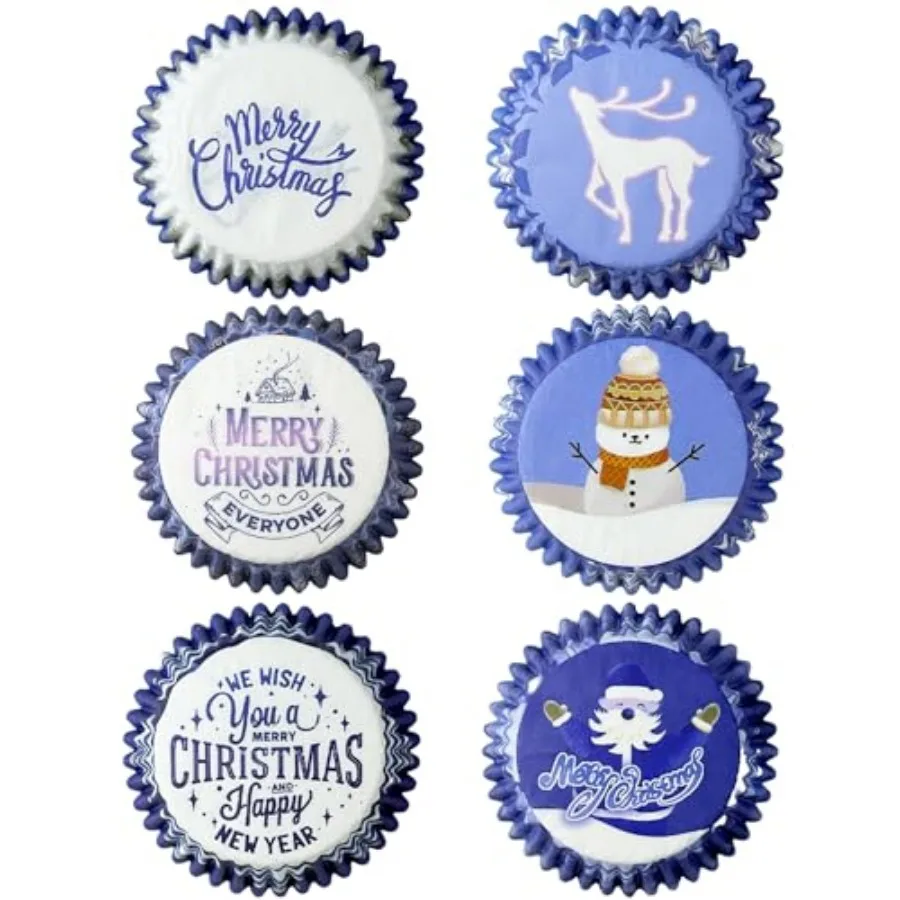 Christmas Cupcake Liners Mini 300PCS Gradient Bue Cupcake Cups 6 Designs Cupcake Papers Baking Cups Wrappers For Holiday Party
