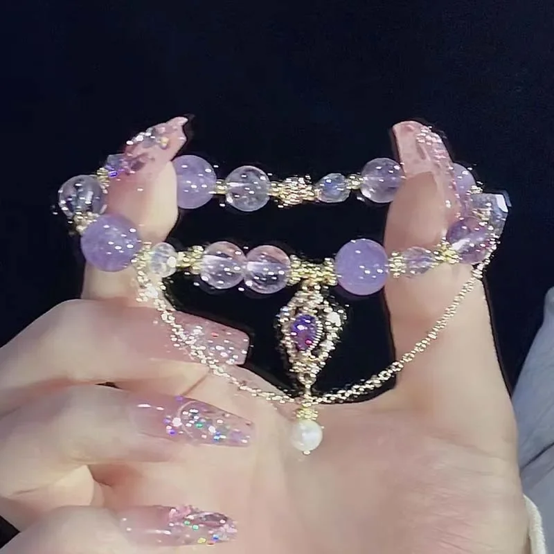 

Light Luxury Purple Glass Crystal Beaded Bracelets for Women Chic Butterfly Tassel Pendant Bracelets Sweet Girl Wrist Jewelry