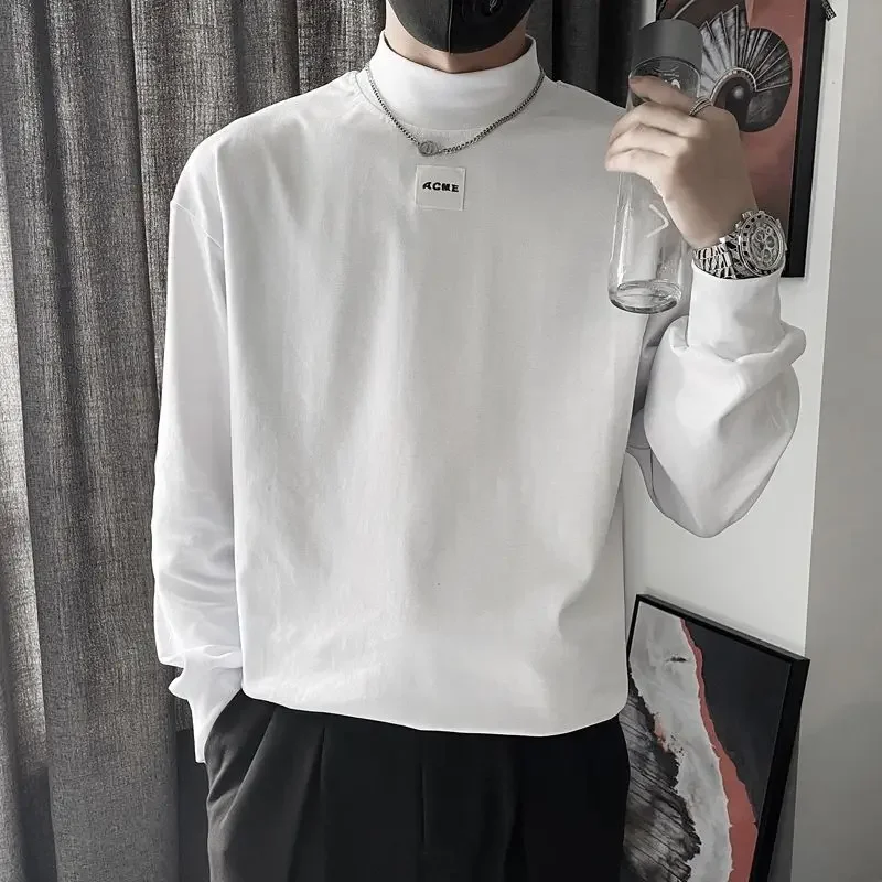 Quality Neck Top with Collar Sweatshirts Collared T Shirt for Man Pullover Plain Unicolor Long Sleeve Bulk Tee F Men's Clothing