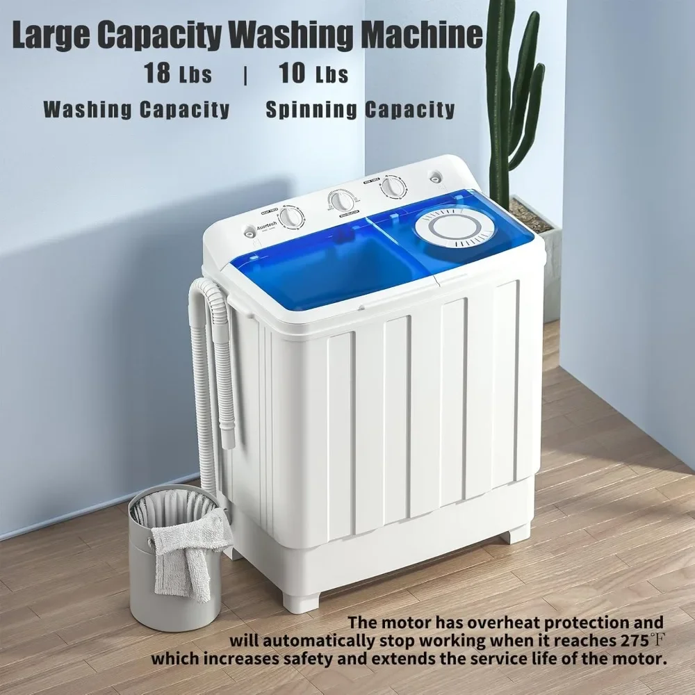 

Portable Washing Machine, 28lbs Twin Tub Washer Mini Compact Laundry Machine with Drain Pump,Semi-automatic 18lbs Washer 10lbs