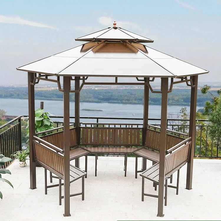 Iron Garden Pavilion 3.5*3.5m Outdoor Furniture Hexagonal Garden Gazebo with Powder Coated Frame