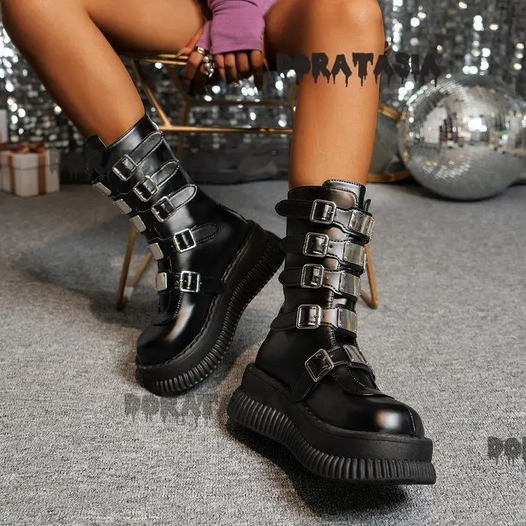 Platform Women Motorcycle Boots Buckle Thick Wedges Heel Mid Calf Shoes Luxury Punk Goth Cosplay Lolita Holloween Wintter Boots