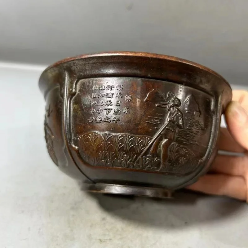 Antique Copper Bowl Made in the Tang Dynasty Zhen Guan Year, Five Grains Abundant Old Patina Four Show Bowl Relief Home Decor Cr