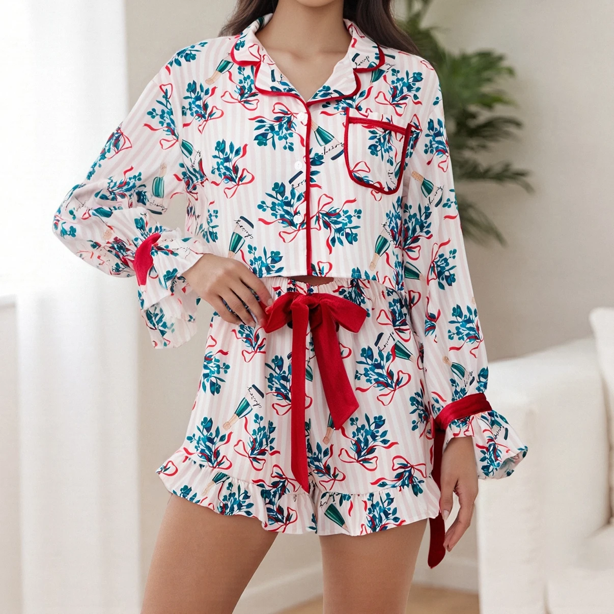 

Женский пижамный комплект из двух предметов, милая рубашка с длинными рукавами и принтом в винную полоску + шорты на шнуровке, комплект одежды для отдыха