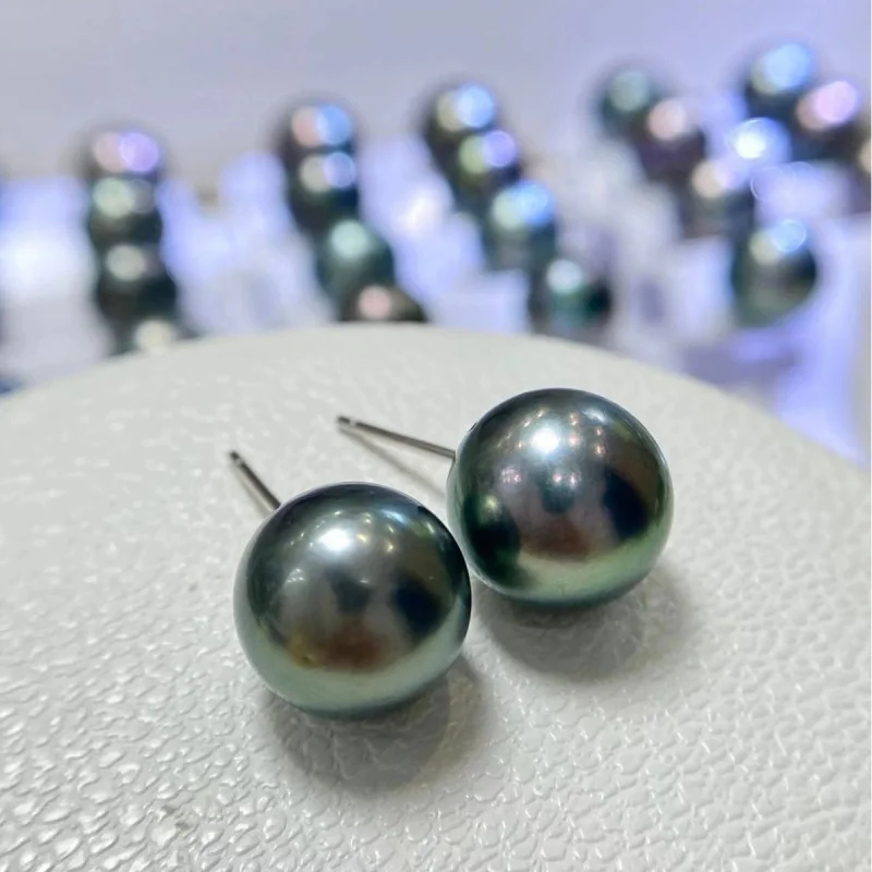 S925 sterling silver earrings 10-11mm sea Tahitian black pearl