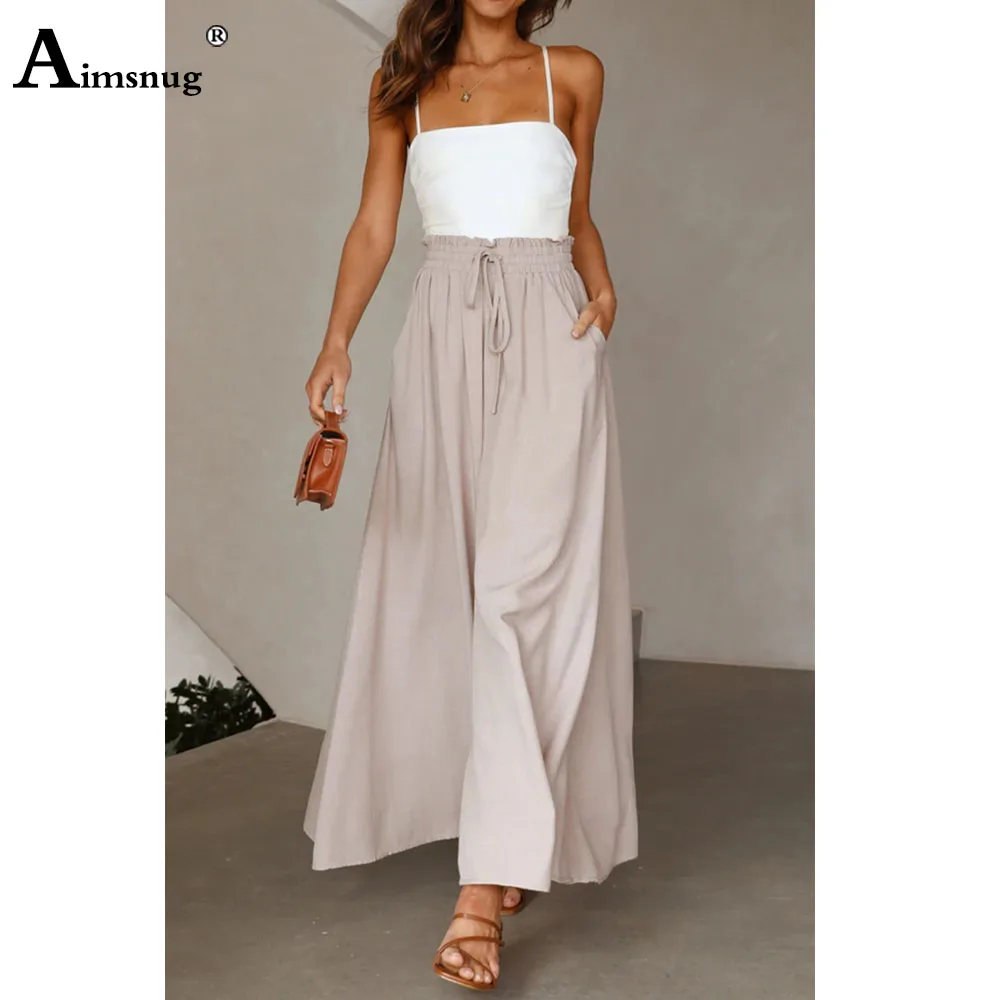 

Aimsnug Plus Size Wide Leg Pants Women Clothing 2024 New Summer Casual Elastic Waist Pocket Hotpants Ladies Full-Length Trousers