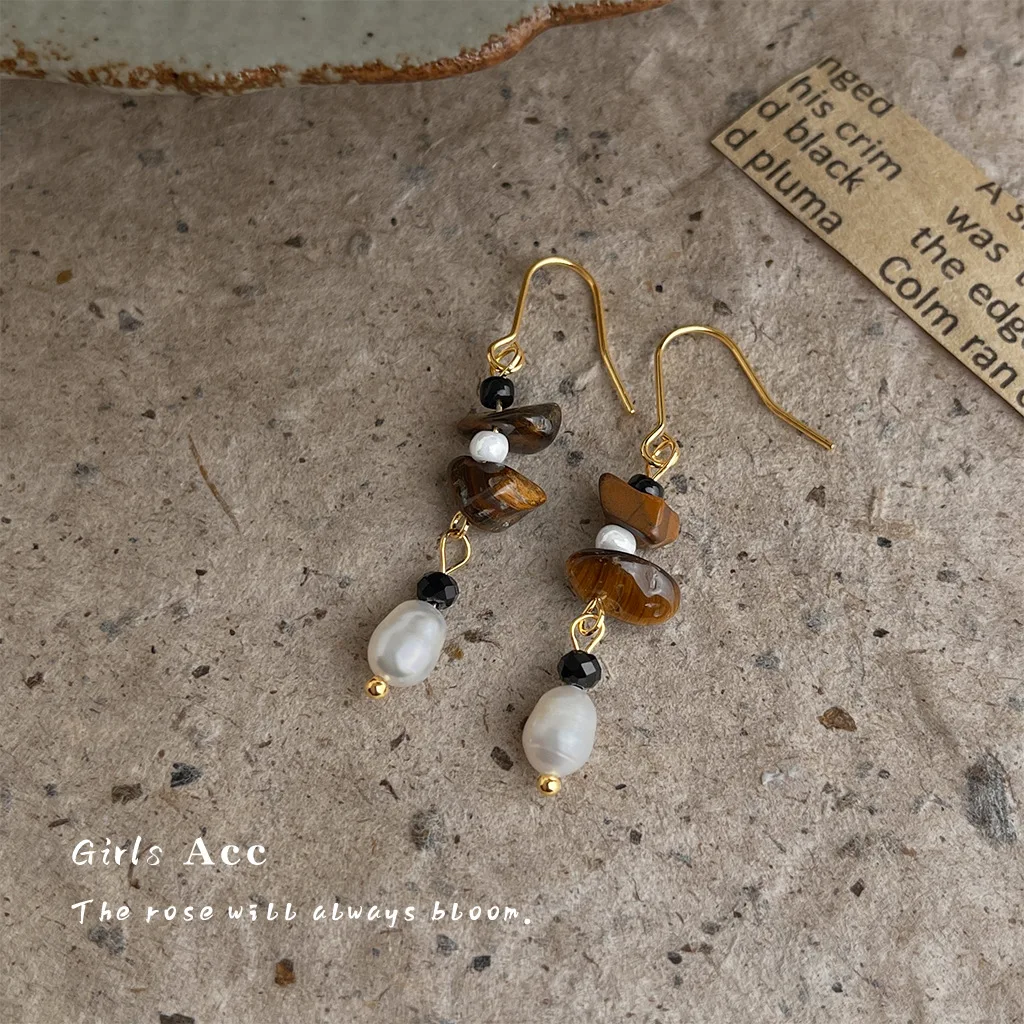 

Artisan Crafted Freshwater Pearl Tiger Eye Stone Earrings Chinese Style Vintage Minimalist Long Tassel Drop Earrings for Women