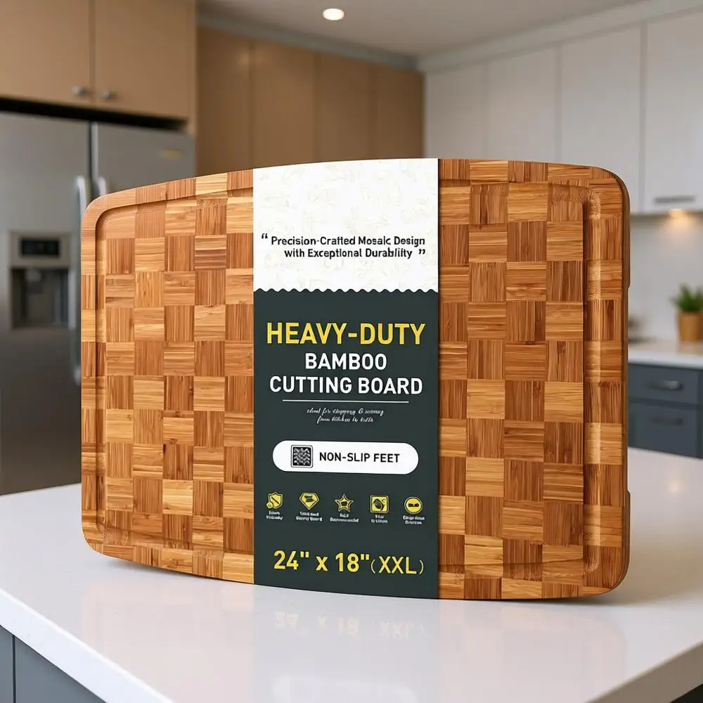 

Large Bamboo Chopping Board with Anti-Slip Feet, Over Sink Design, Thick, Solid, XL Kitchen Counter, Organic Hardwood