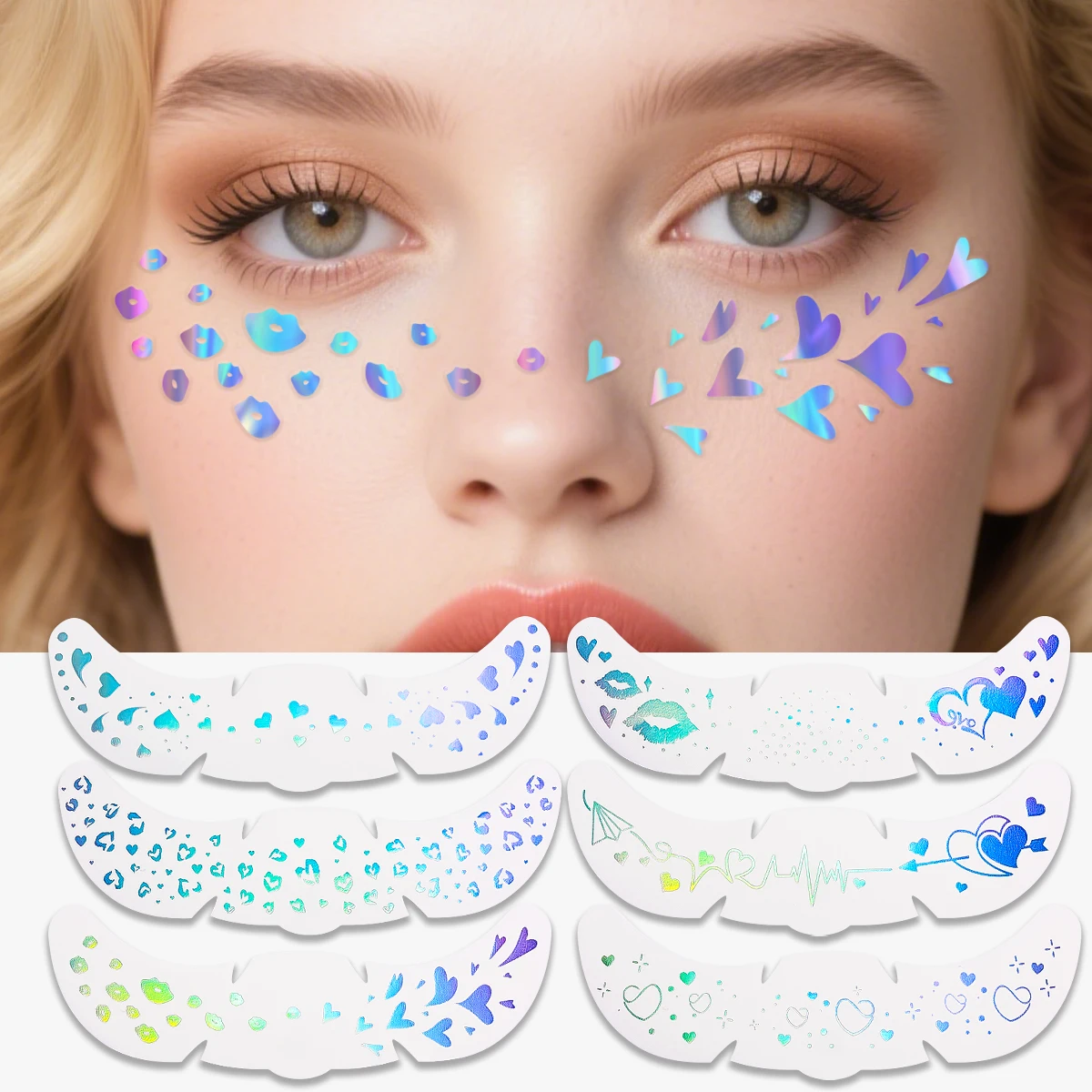 

6pcs Laser Freckles Makeup Patches Aurora Heart Lips Stars Freckles Temporary Tattoo Stickers for Women Face Makeup Music Party