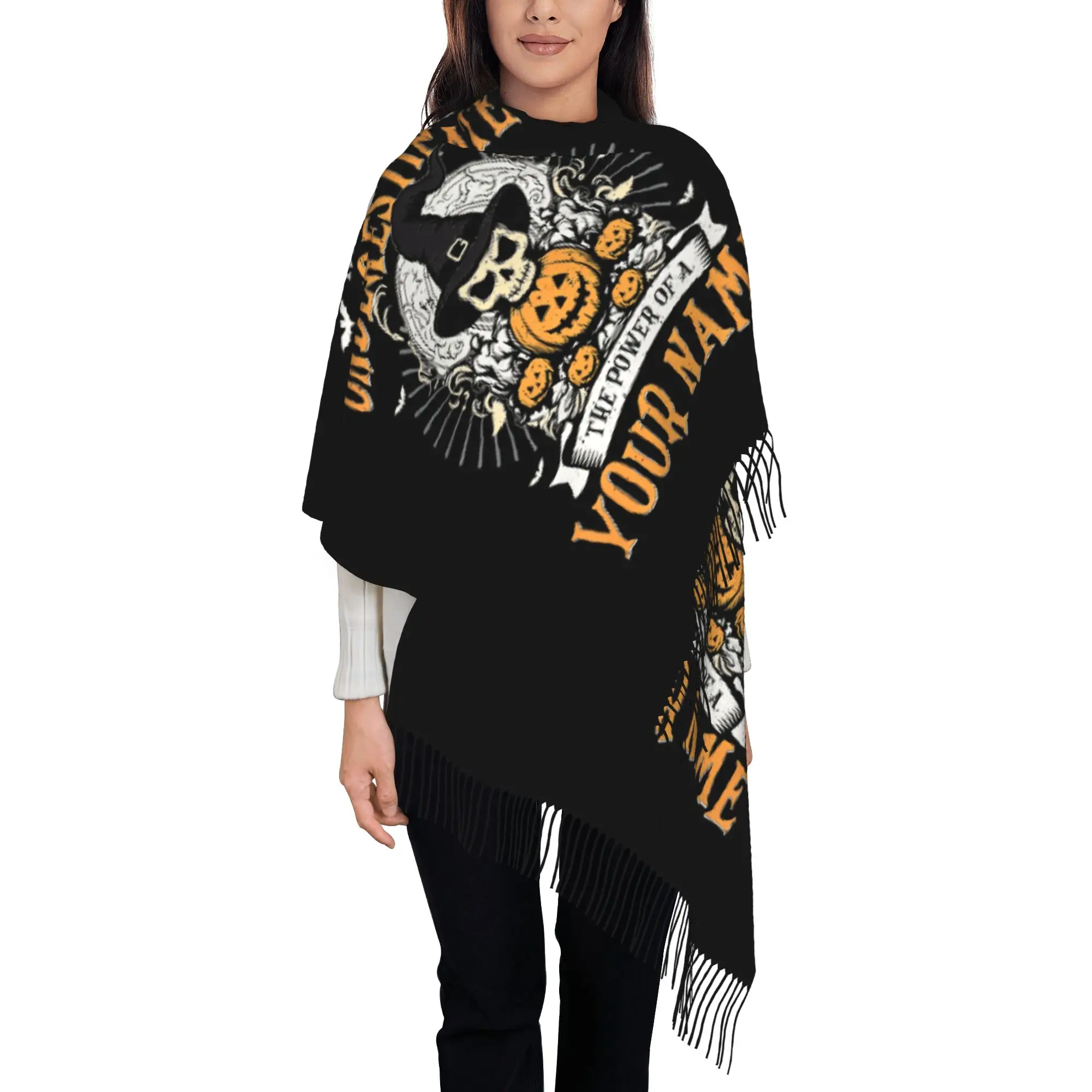 Custom Name Halloween Scarves Winter Fall Warm Tassel Shawl Wrap Never Underestimate The Power Of Your Name Witch Skull Scarf