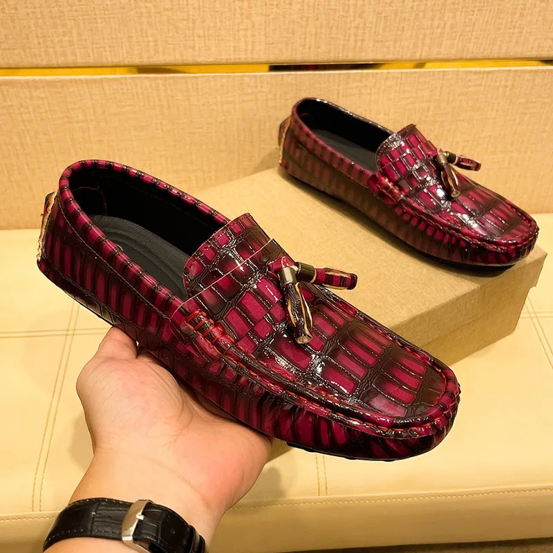 Men's Shiny Scale-Textured Tassel Loafers, Men's Daily Casual Slip-On Footwear, Men's Sturdy Sole Traction-Proof Footwear