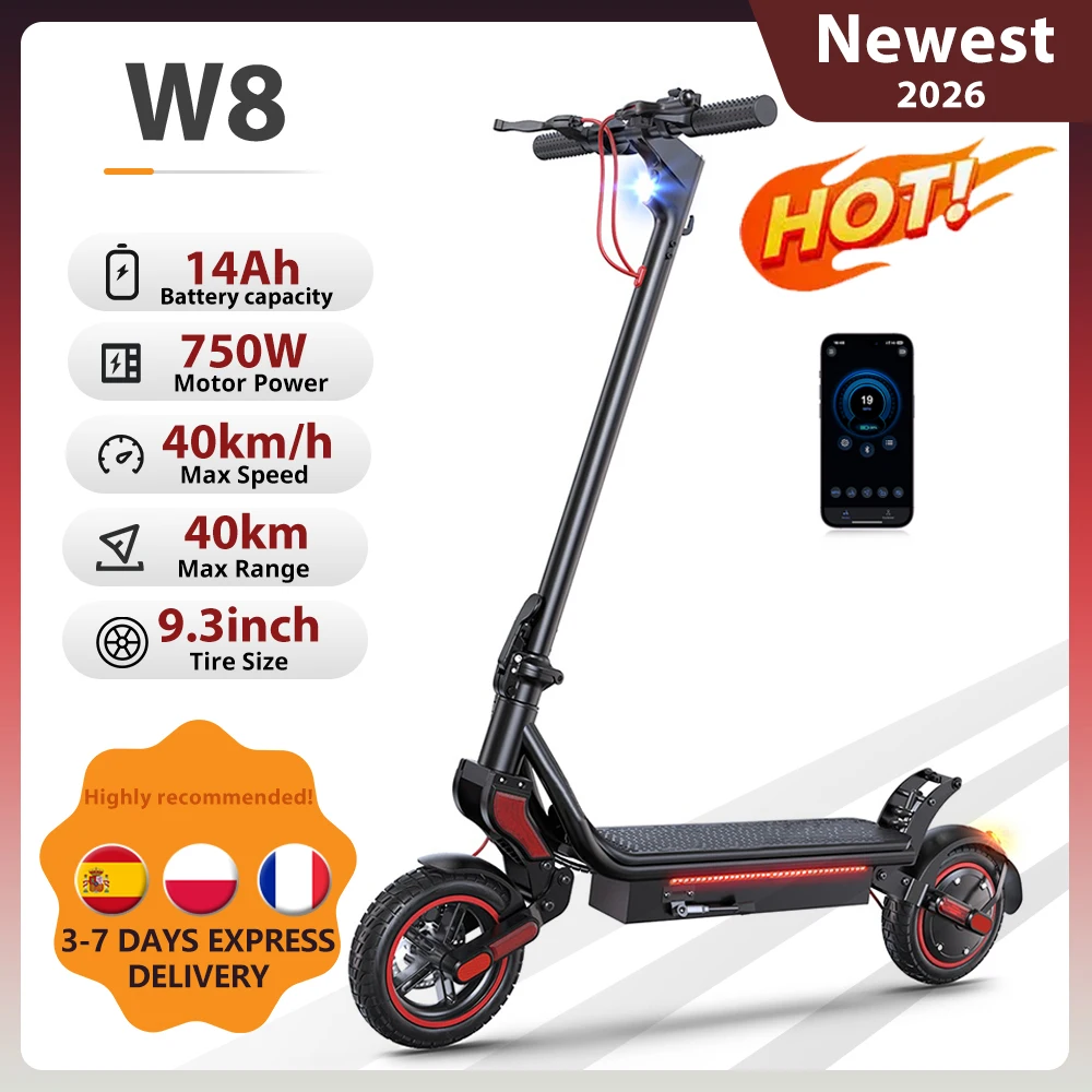 IScooter W8 9.3 pouces Scooter électrique 48V 14Ah 750W moteur 30-40km portée maximale 40 km/h vitesse maximale double Suspension E Scooters avec App
