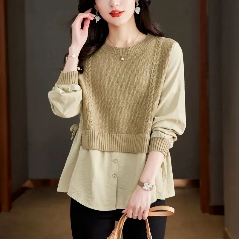 

Fake Two-piece Fashionable Loose and Fashionable Autumn and Winter Sweaters Round Neck Splicing Western Style Bottoming Tops