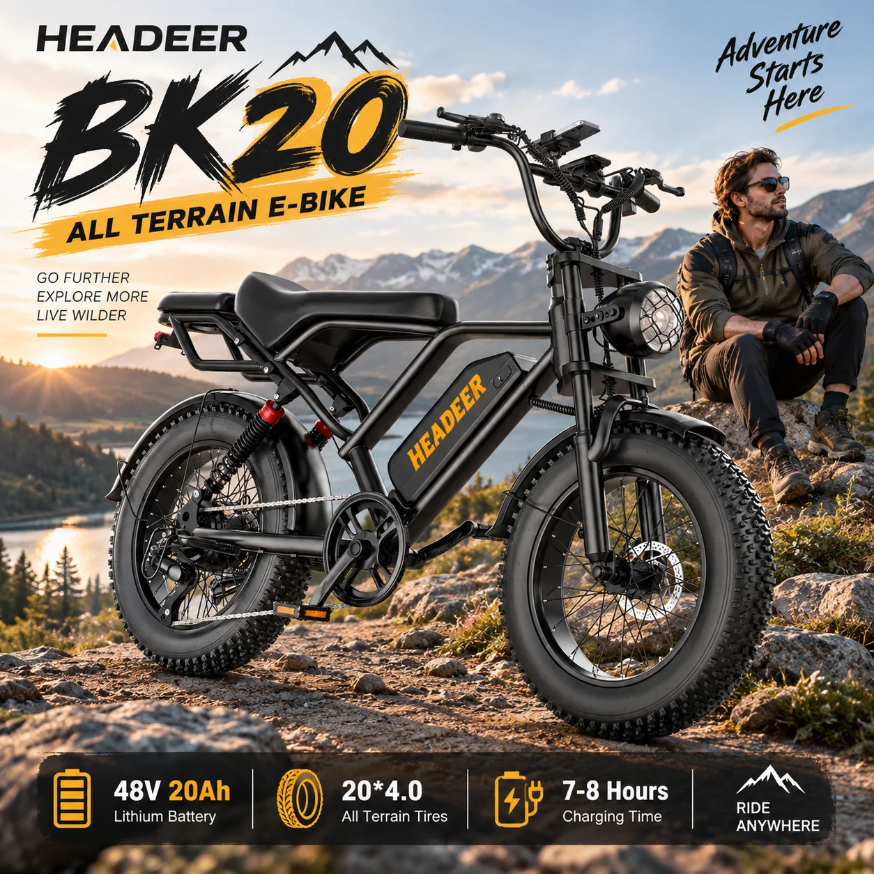 HEADEER BK20 Bicicletta Elettrica per Adulti per Tutti i Terreni Batteria 48V 20Ah Pneumatici Fat 20" 4.0 Ebike con Sospensione Completa Freni a Disco Meccanici Doppi Controllo LCD e App Intelligente