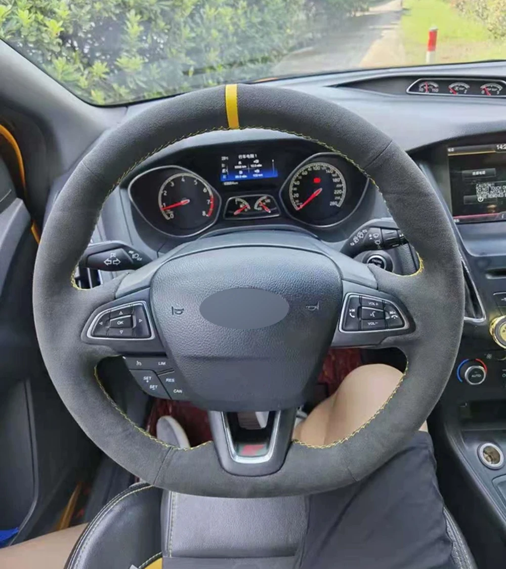 Genuine Leather Yellow Thread Steering Wheel Cover for Alcantera Car Accessories Specifically for Ford Focus RS ST Kuga Ecosport