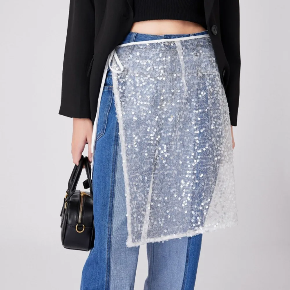 

High Waist Lace Midi Skirt Embroidered Flower Irregular Side Slit Lace Drawstring Skirt See Through Y2K Streetwear