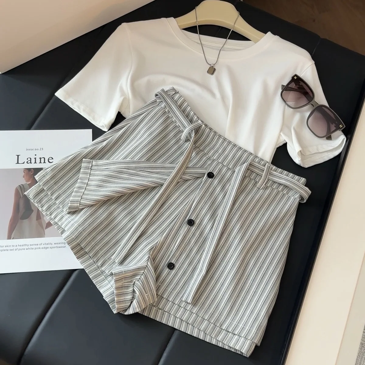 Harajuku Vintage Grey Vertical Stripe Wrap Skort High Waist Button Front Belted Fake Skirt Shorts Women Casual Office Bottom