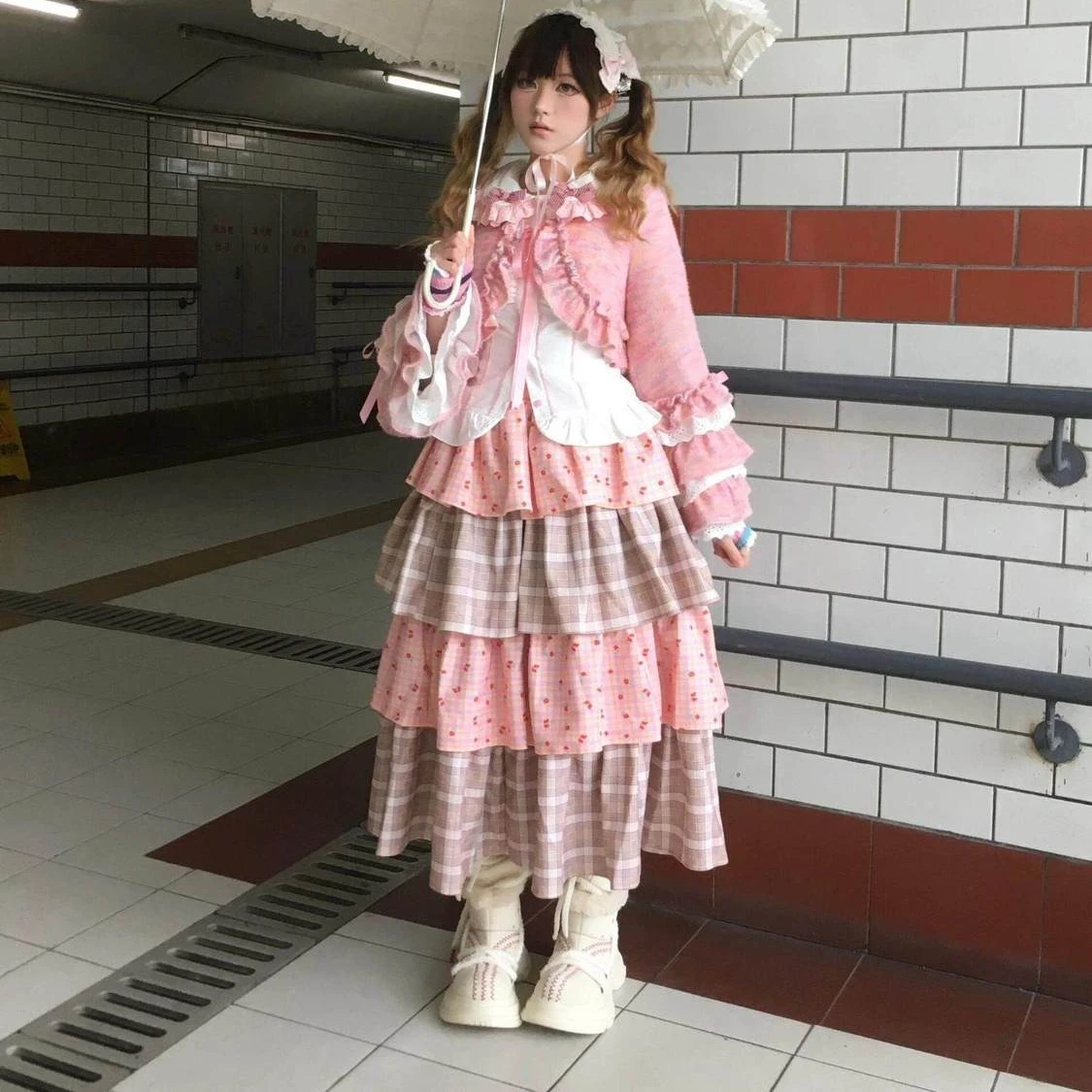 Sweet Lolita Tiered Ruffle Skirt Women's Pink Plaid Patchwork Layered Maxi Skirt Young Girls Students Japanese Kawaii Clothes