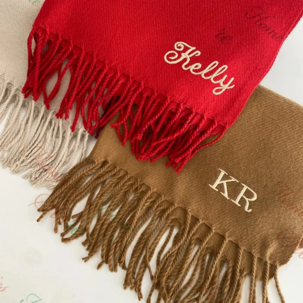 Embroidered Name Women's Thickened Scarf Custom Name Solid Color Winter Tassel Shawl for Women Personalized Birthday Gift Scarf