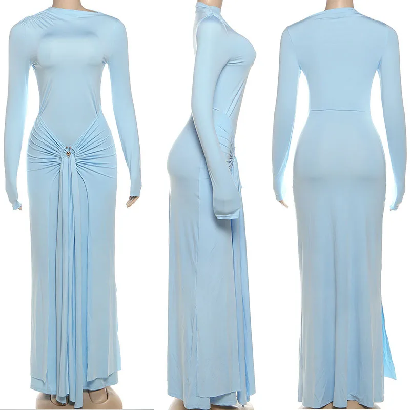 Elegante Metall Ring Geraffte Band Party Abendkleid Frauen Nachtclub Promi Lange Hülse O-ansatz Prom Bodycon Maxi Kleid Robe