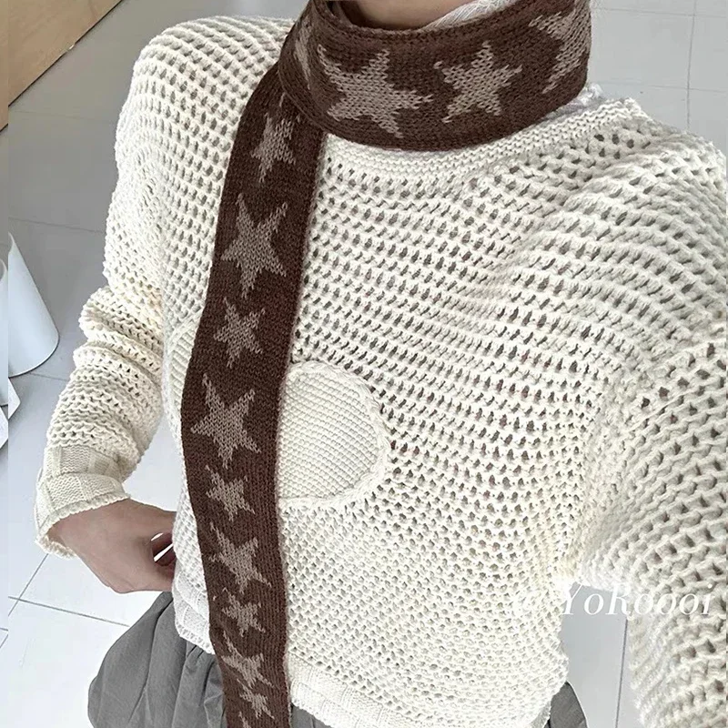 Star Cashmere Scarf Vintage Knitted Narrow Longer Scarf Wome Two Colors Muffler Neck Warmer Y2k Girl Accessories Four Seasons