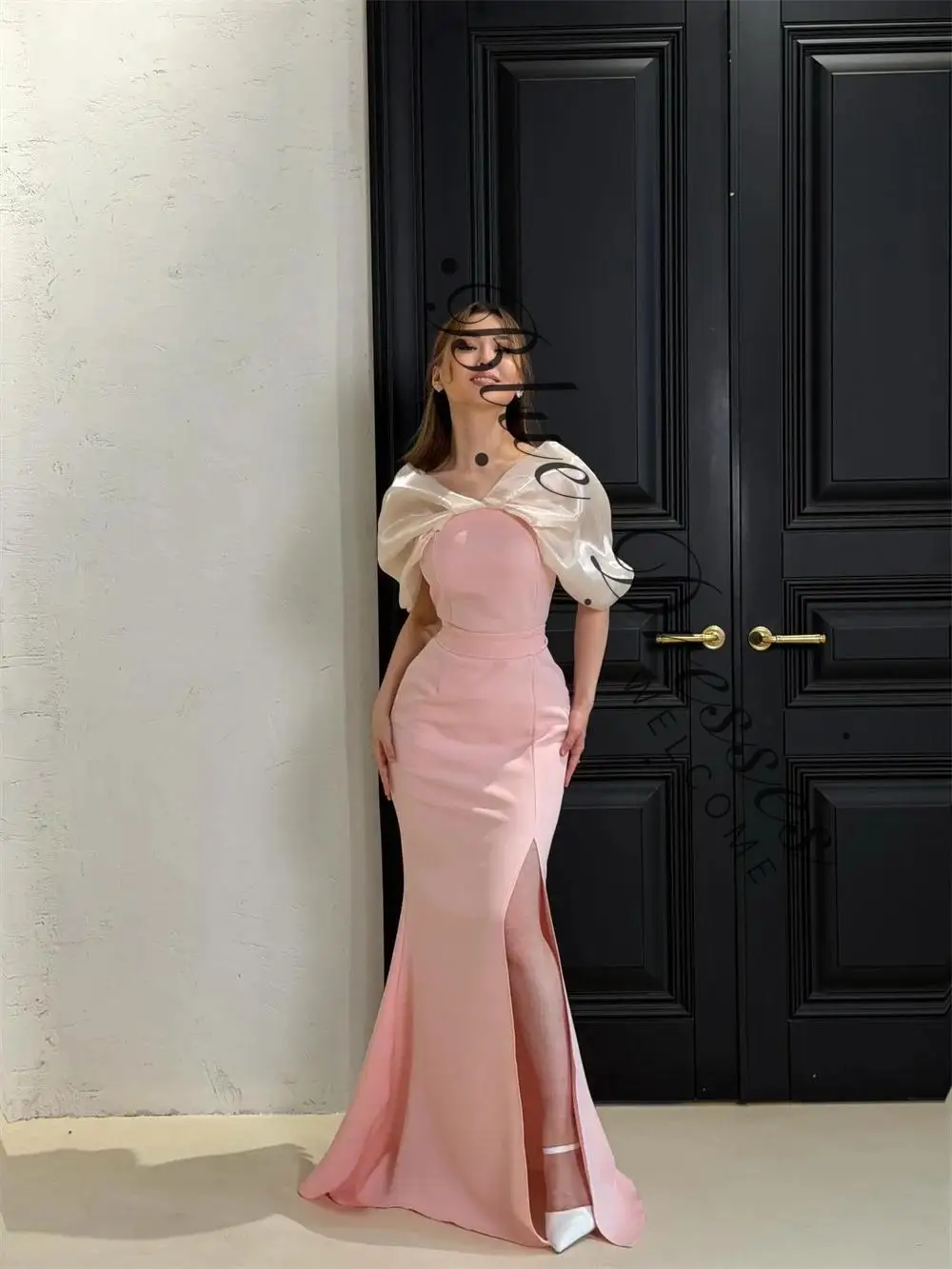 

customized Elegant Puff Sleeve Mermaid Pleat Formal Prom Gown Woman Floor Length Classic High Slit Evening Dress New