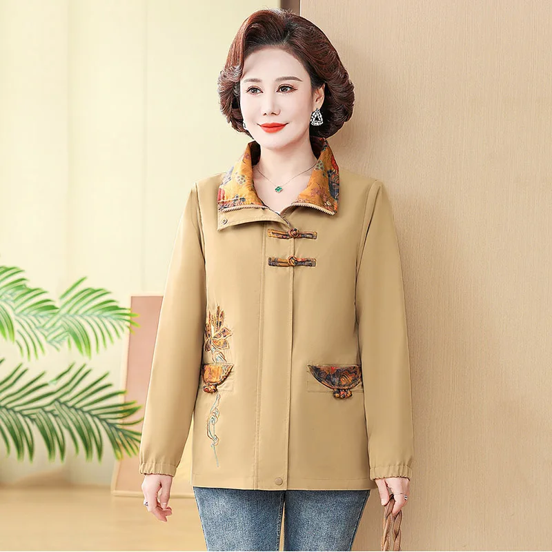 Short Chinese Casual Trench Coat Women's 2025 New Mother's Spring Thin Printed Outwear Autumn Guofeng Windbreaker Jackets Female