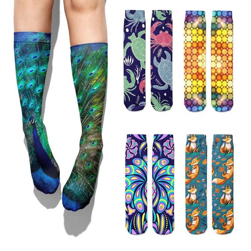 Unisex Cotton Socks With Peacock Print Colorful Cool Fashion Sexy Middle Tube Socks Soft Comfortable Bar Club Happy Tide Socks