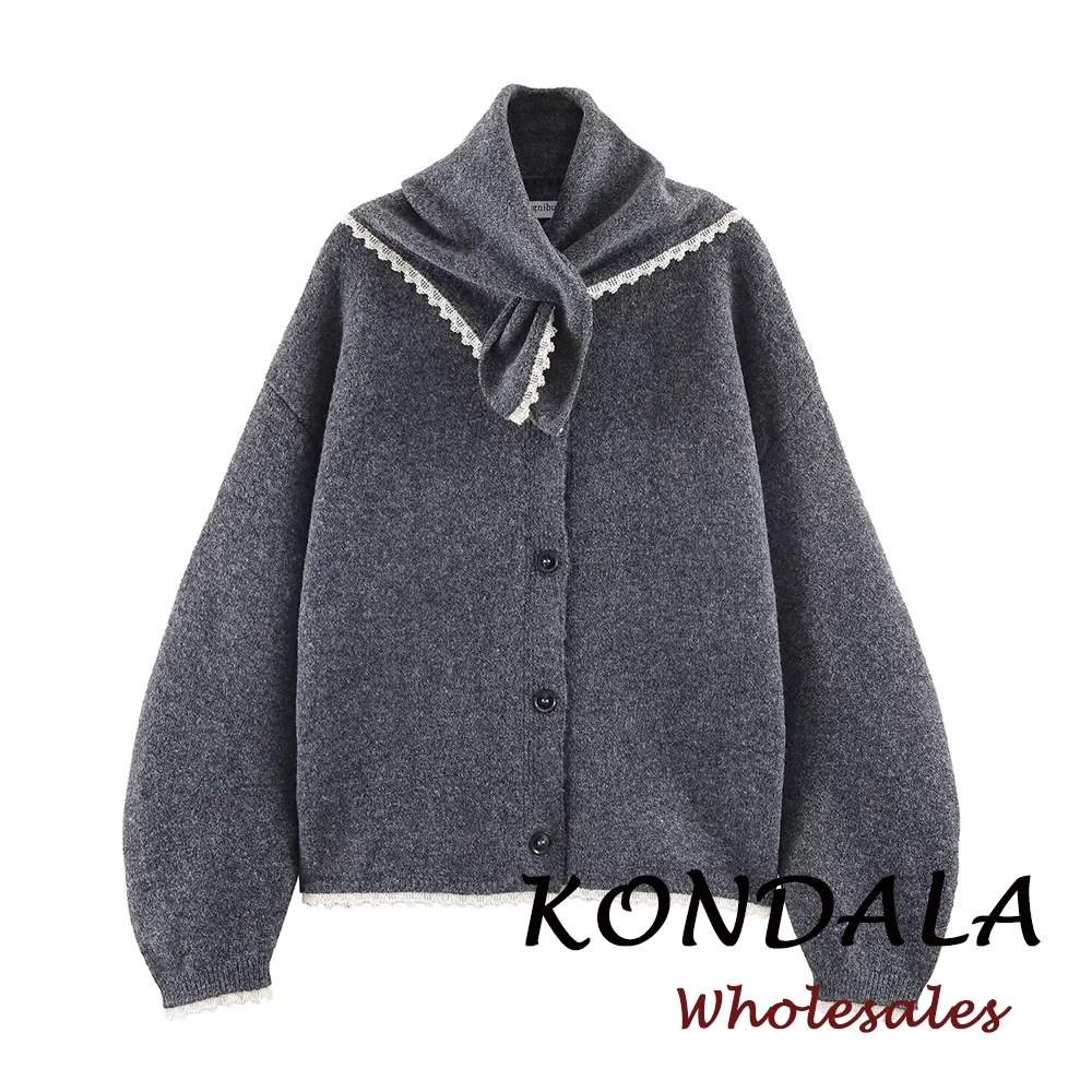 KONDALA Chic Solid Women Autumn Sweet Casual Fashion 2025 Sweater Headscarf Single Breasted Vintage Elegant Female Knit Sweater
