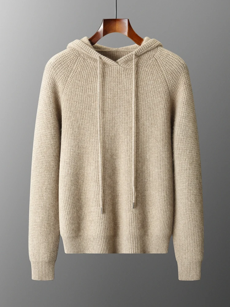 High Quality 100% Cashmere Knitwear Chic Autumn Winter Men's Sweater Waffle Thick Hooded Pullover Casual Comfort Cashmere Tops
