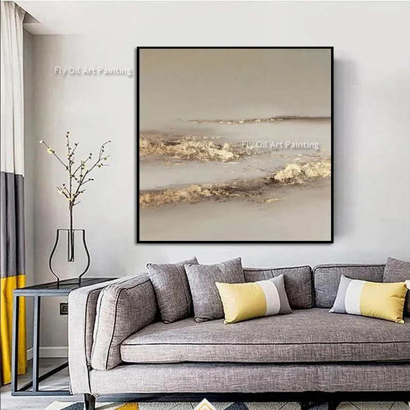 Hand Painted Beige Golden Wave Impasto Oil Painting, Gold Foil Sea Texture Canvas Art, Minimal Luxury Entrance Wall Decor