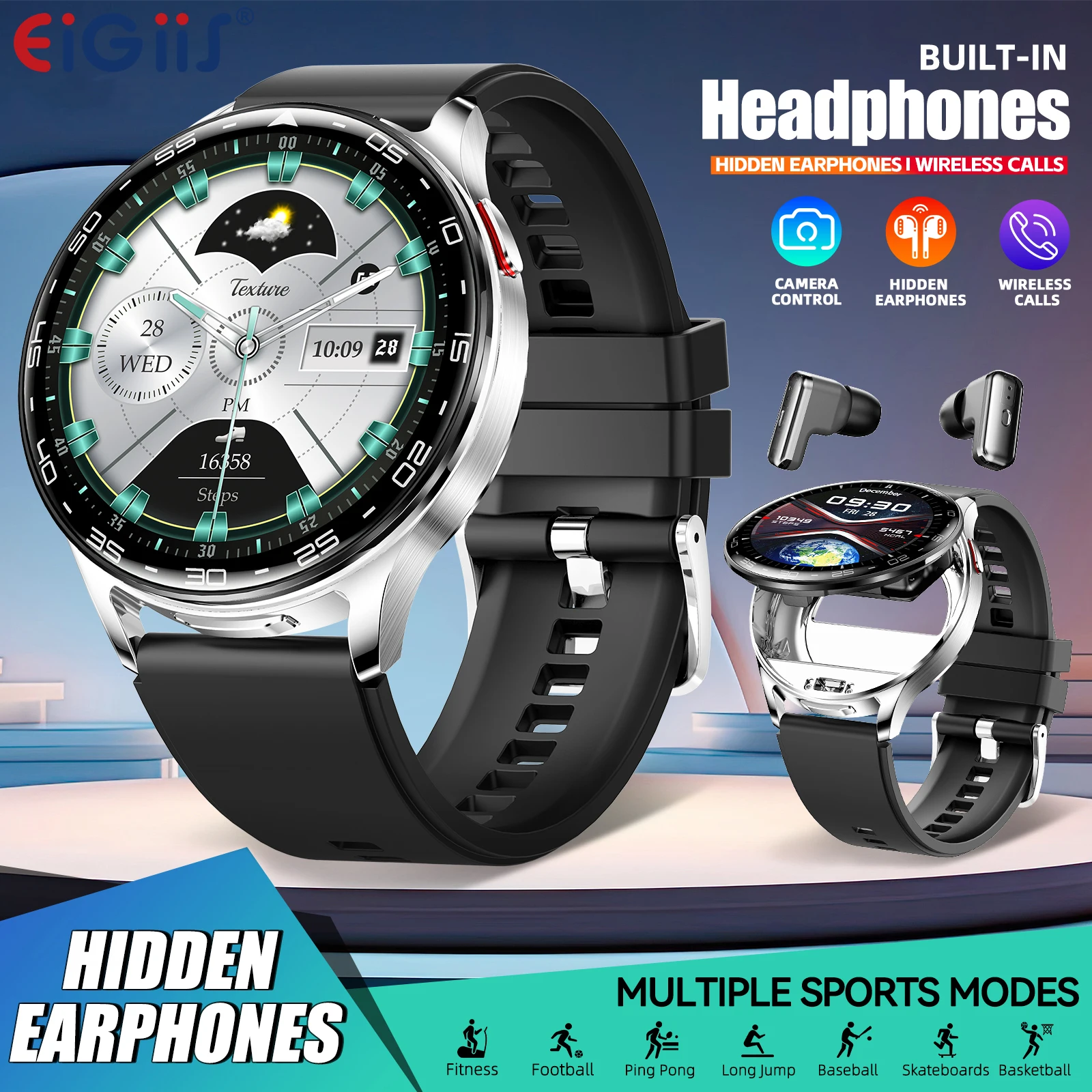 

EIGIIS Smart Watches for Men with Earbuds IPS Full Touch Screen of Fitness Tracker with Multiple Sport Modes and Sport Records