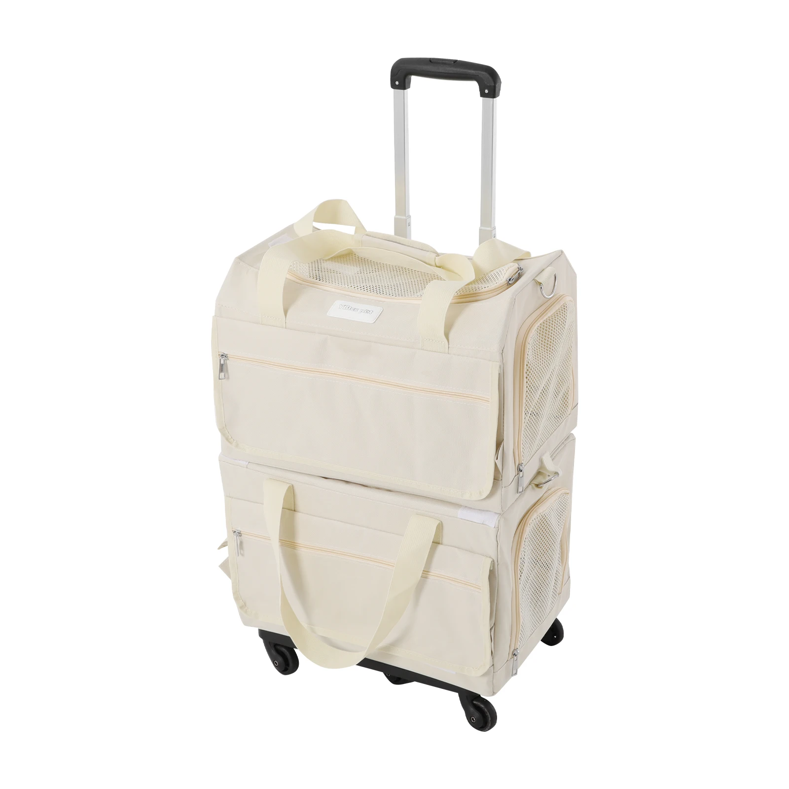 حقيبة عربة الحيوانات الأليفة باللون البيج مع نوافذ شبكية، حامل حيوانات أليفة متدحرج بطبقة مزدوجة، حامل حيوانات أليفة بعجلات لقطتين