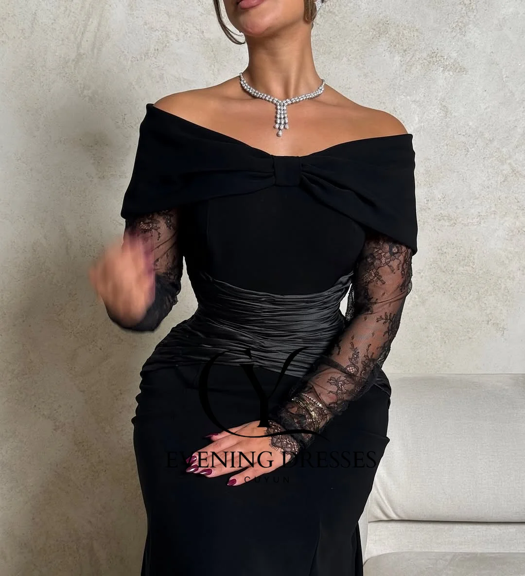 فساتين سهرة برقبة قارب من CUYUN وأكمام دانتيل شبه حورية البحر فساتين مناسبات رسمية مخصصة للحفلات الراقصة في دبي السعودية