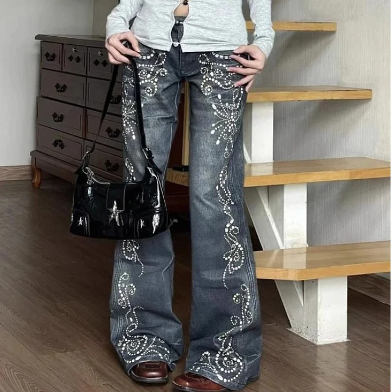 Y2K Vintage Low-Rise Bootcut Jeans Women Distressed Denim Trousers Fashion Design Autumn Winter Style