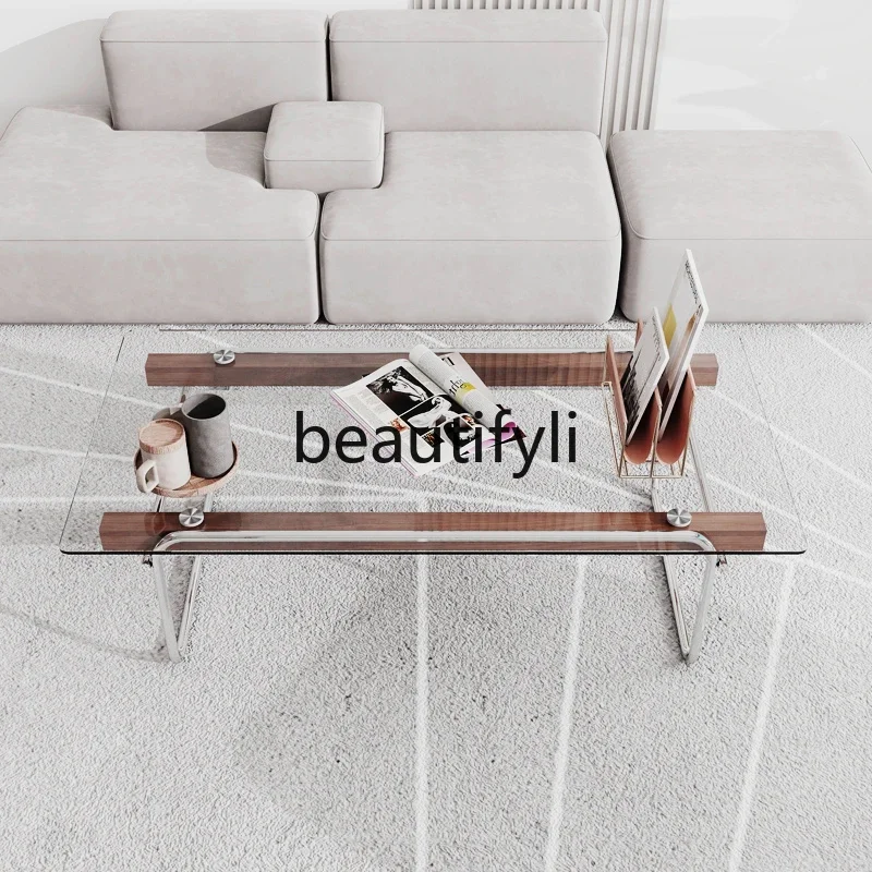 

01A Coffee table living room light luxury household tempered glass tea table creative minimalist stainless steel coffee table