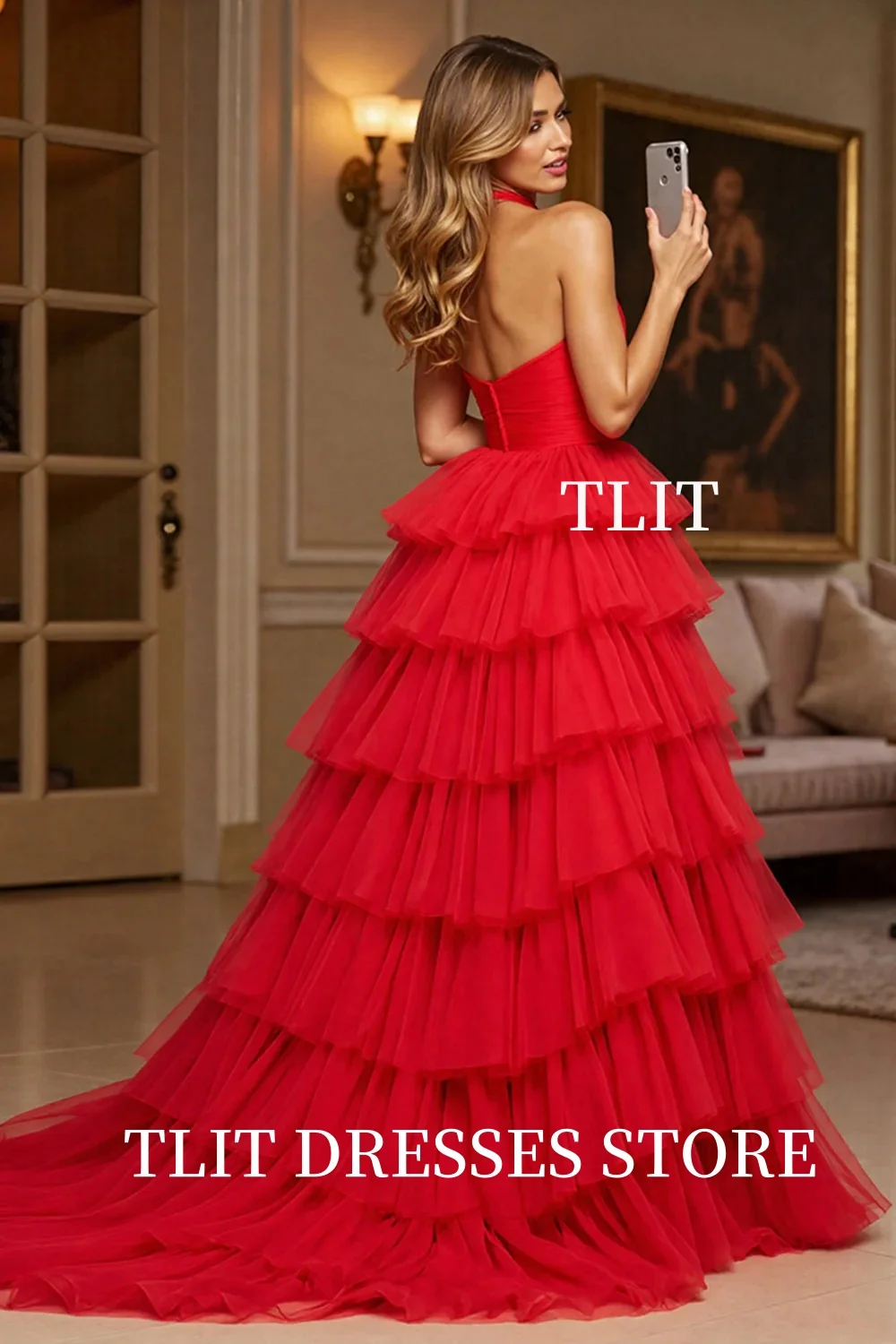 TLIT Luksusowe Czerwone Długie Sukienki Wieczorowe z Tiulu z Falbanami Głęboki Dekolt V Wiązane na Szyi Szyte na Miarę Wysokie Rozcięcie فساتين للمناسبات الخاصة