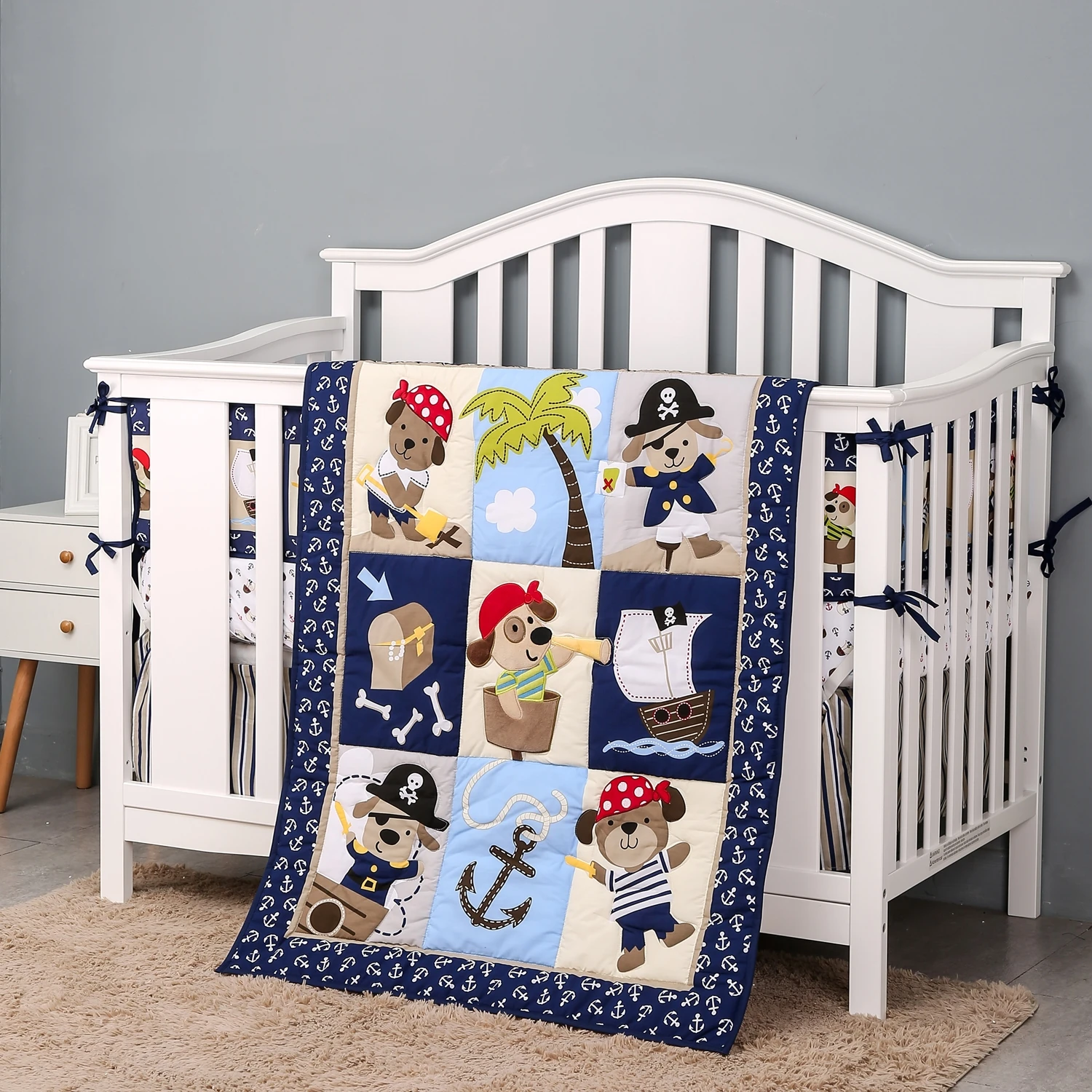 

7Pcs Crib Bedding Set for Boys Woodland Baby Bedding Blue Crib Comforter Nursery Decor (4Bumper Crib Sheet Comforter Crib Skirt)