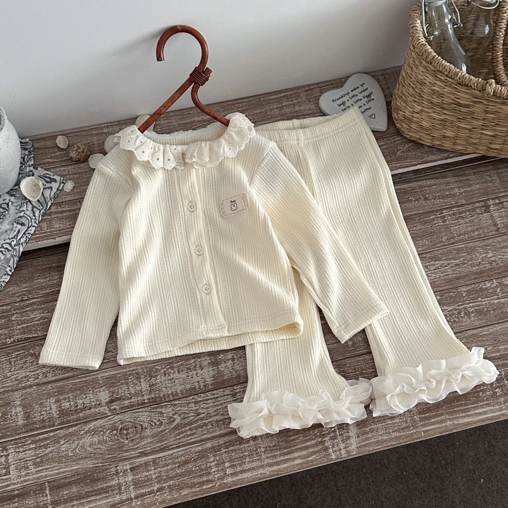 2026 Autumn 6M-4Y Kids Clothes 2 Piece Set Lace Collar Long Sleeve Shirt Ruffle Flare Leg Pants Baby Daily Casual Outfit