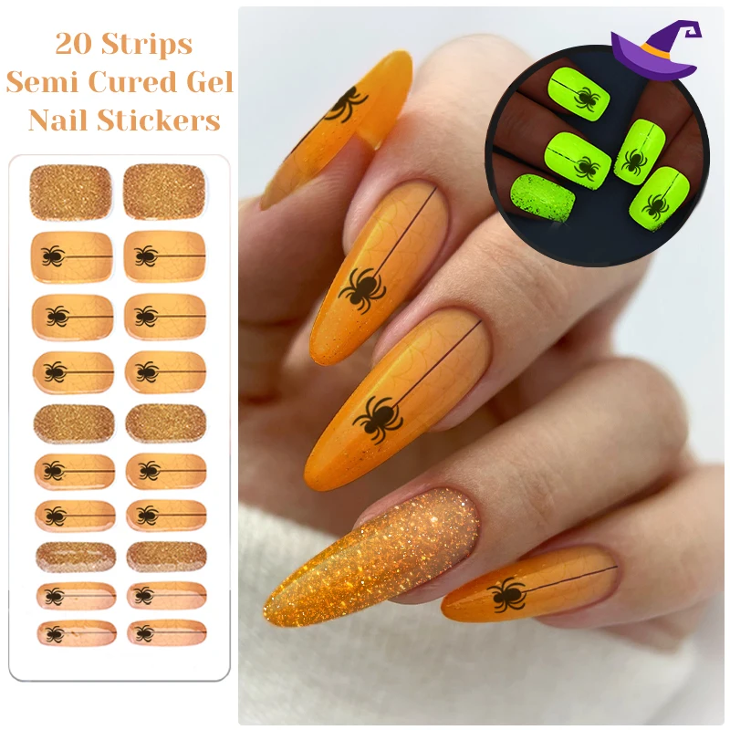 Halloween Lichtgevende Semi Uitgeharde Gel Nail Strip Sneeuwvlok Spider DIY Gel Polish Stickers voor Nagels Werkt met UV/LED nagellampen