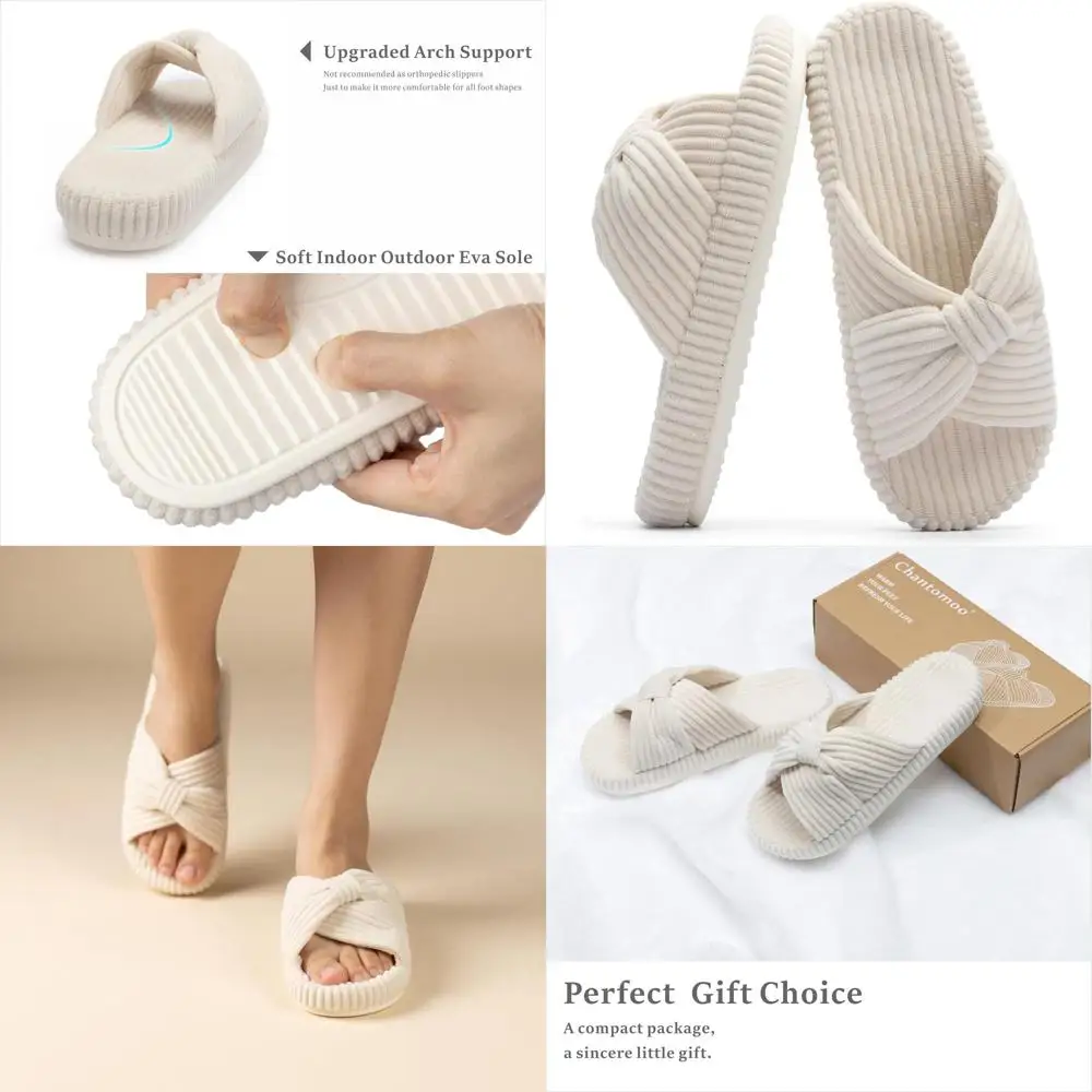 

Women's Comfortable Corduroy Bow Slippers with Memory Foam - Trendy Bedroom Shoes for Gifting