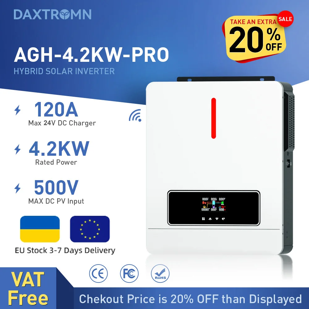 DAXTROMN Mppt 4.2KW Hybrid Solar Inverter 24VDC Batteryless working PV input 90-450V Grid Tie Hybrid Solar Inverter dual output